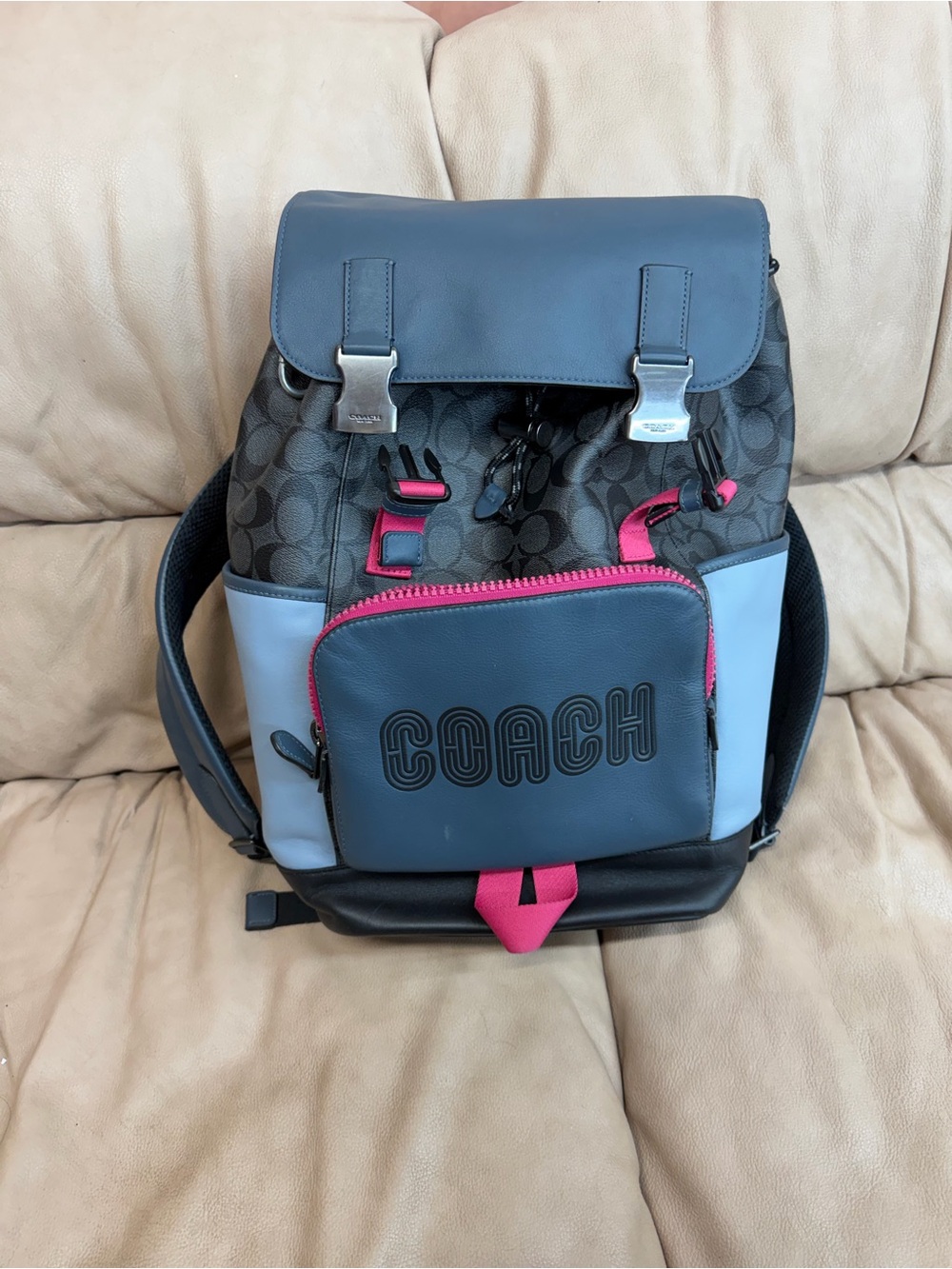 COACH signature Leather Backpack in Blue with Pink Accents